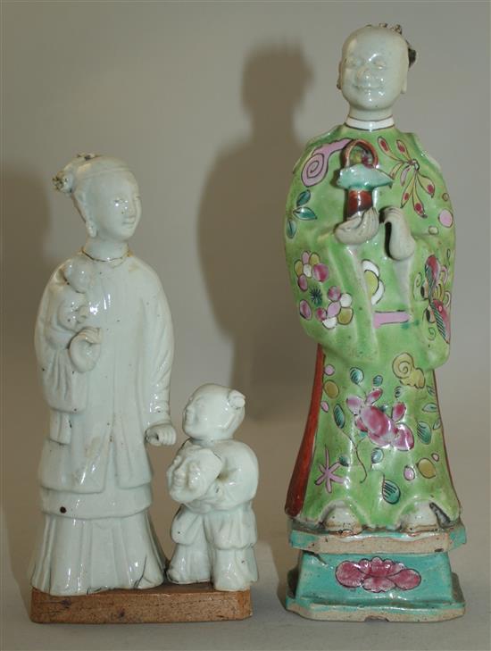 Two Chinese glazed biscuit porcelain figures or groups, late 18th / early 19th century, 17.5cm, both with slight losses